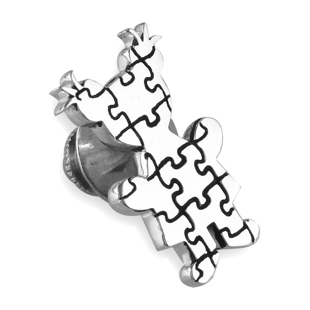 Large Autism Awareness Puzzle Girl Pin in 14k White Gold with Black