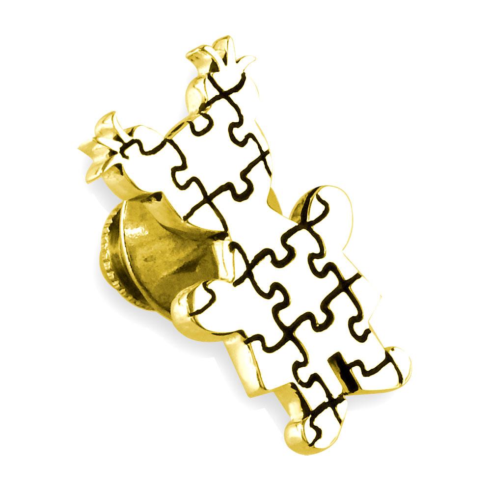 Large Autism Awareness Puzzle Girl Pin in 14k Yellow Gold with Black