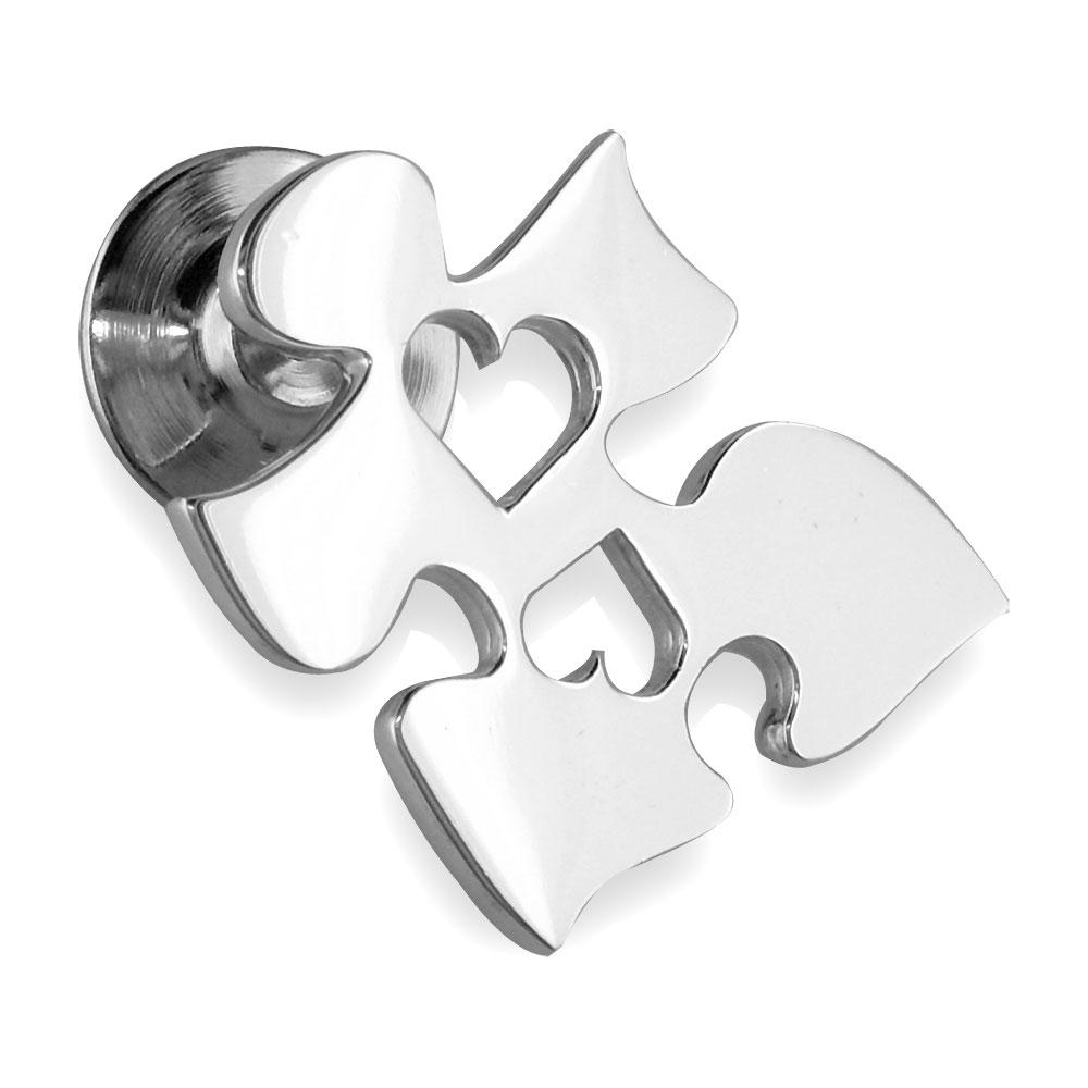 Autism Awareness Puzzle Piece Pin with 2 Open Hearts in 14k White Gold, 20mm