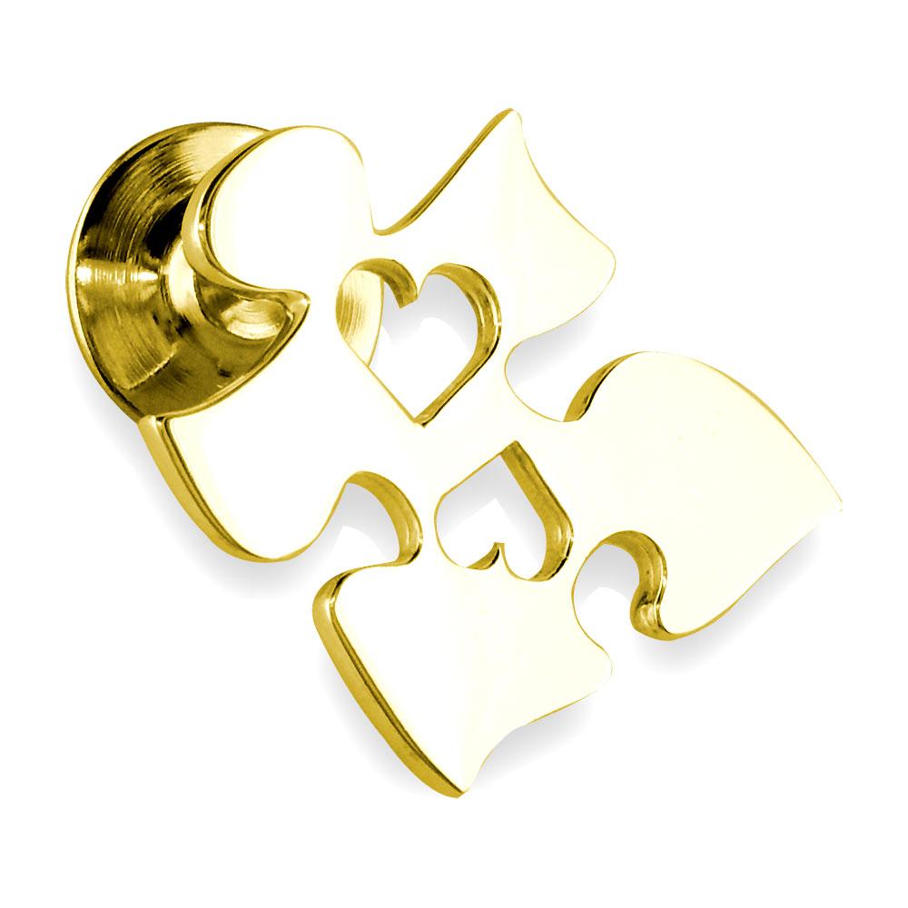 Autism Awareness Puzzle Piece Pin with 2 Open Hearts in 14k Yellow Gold, 20mm