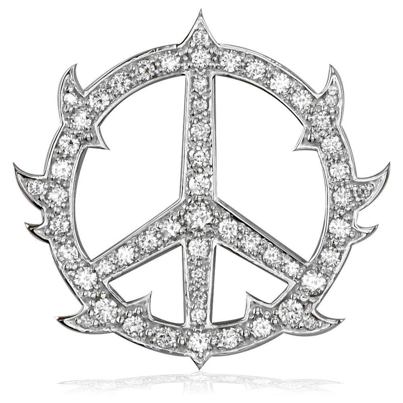 Large Diamond Guarded Peace Sign Charm, 1.75CT, 1 1/4 Inch in 14K White Gold
