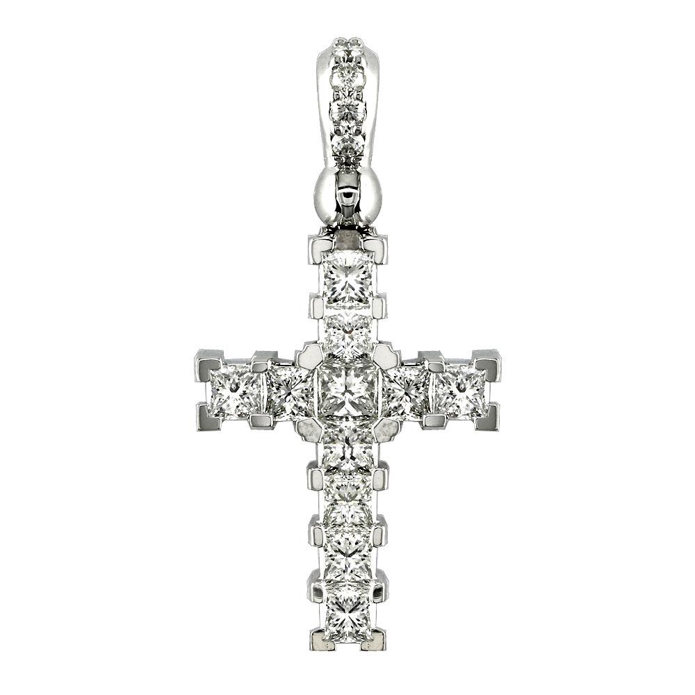 Diamond Cross Pendant with Princess Cuts, 1.60CT in 18K white gold