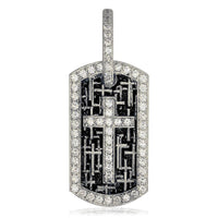Cross Dog Tag Pendant with Scattered Cross Texture,Black and Cubic Zirconias in Sterling Silver