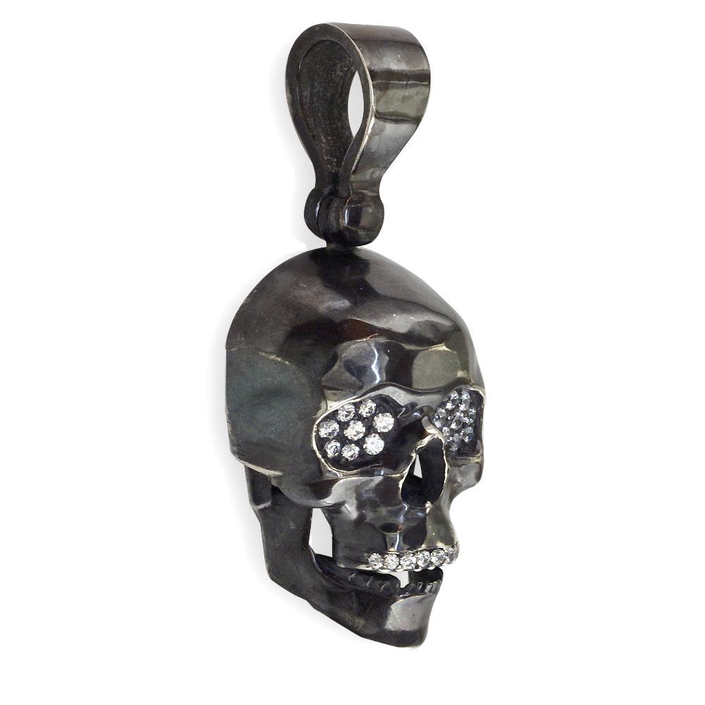 Large Black Skull Pendant with Cubic Zirconia in Sterling Silver