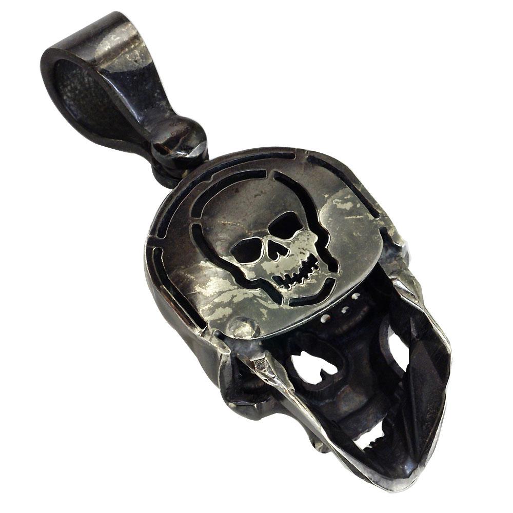 Large Black Skull Pendant with Cubic Zirconia in Sterling Silver