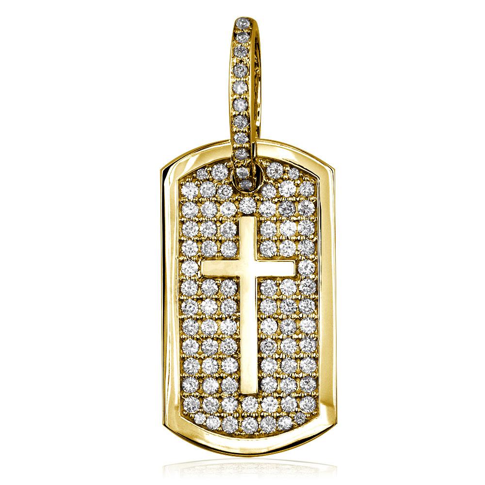 Diamond Dog Tag Pendant with Cross Symbol, 3.20CT in 18K yellow gold