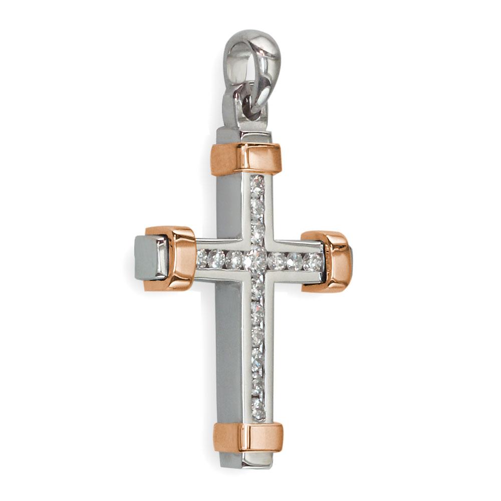 Large Two Tone Diamond Cross Pendant, 0.40CT in 14K White and Pink, Rose Gold