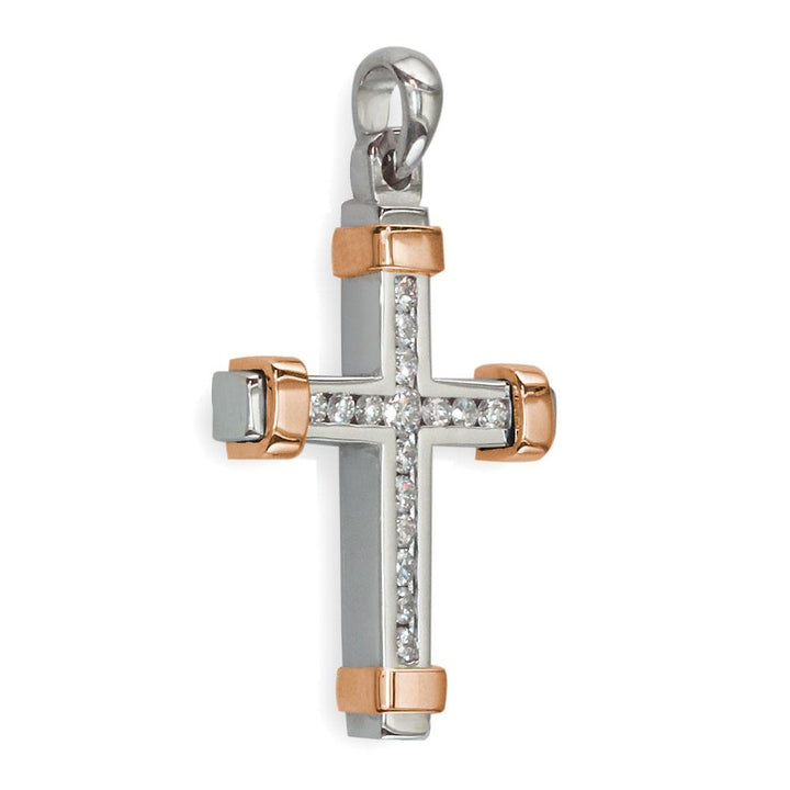 Large Two Tone Diamond Cross Pendant, 0.40CT in 18k White and Pink, Rose Gold