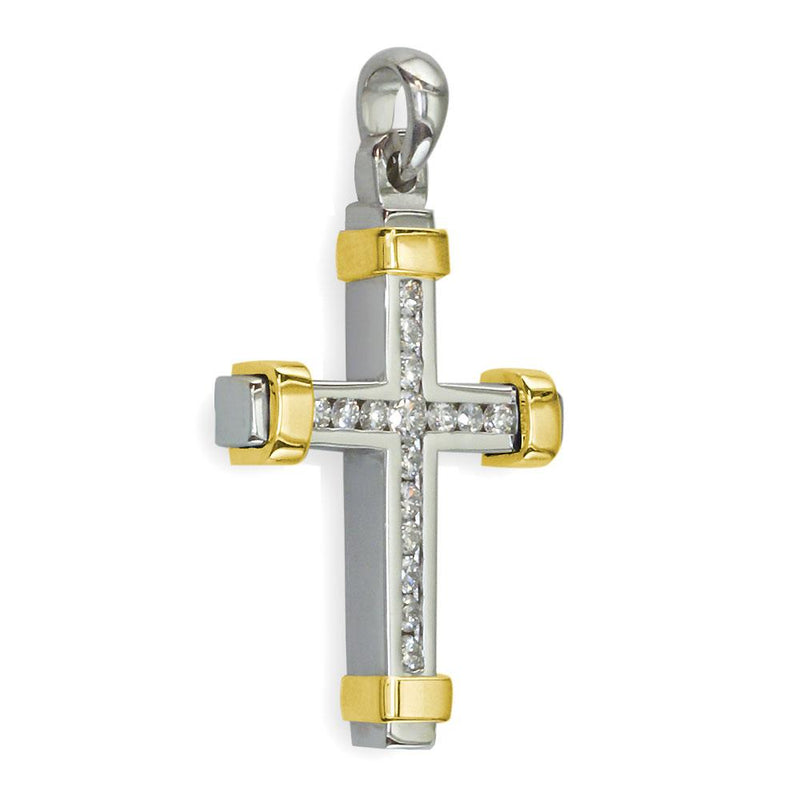 Large Two Tone Diamond Cross Pendant, 0.40CT in 14K White and Yellow Gold