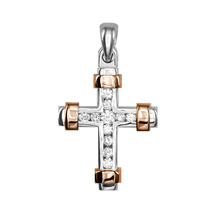 Small Two Tone Diamond Cross Pendant, 0.30CT in 18k White and Pink, Rose Gold