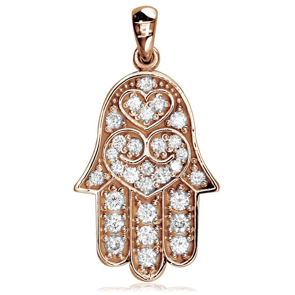 Large Hamsa, Hand of God Charm set with Cubic Zirconias in 14K Pink, Rose Gold