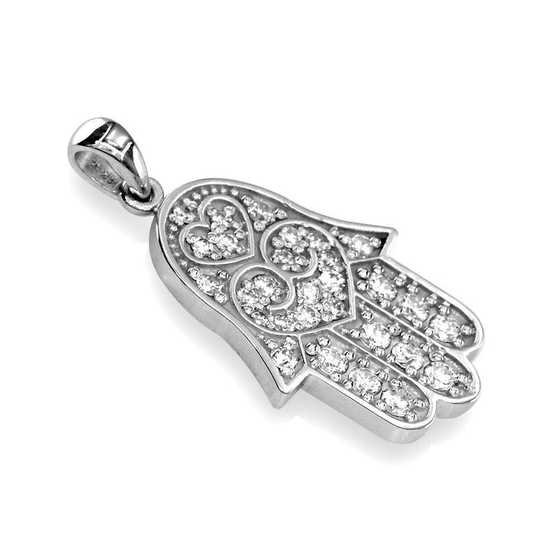 Large Hamsa Hand of God Charm in Sterling Silver set with Cubic Zirconias