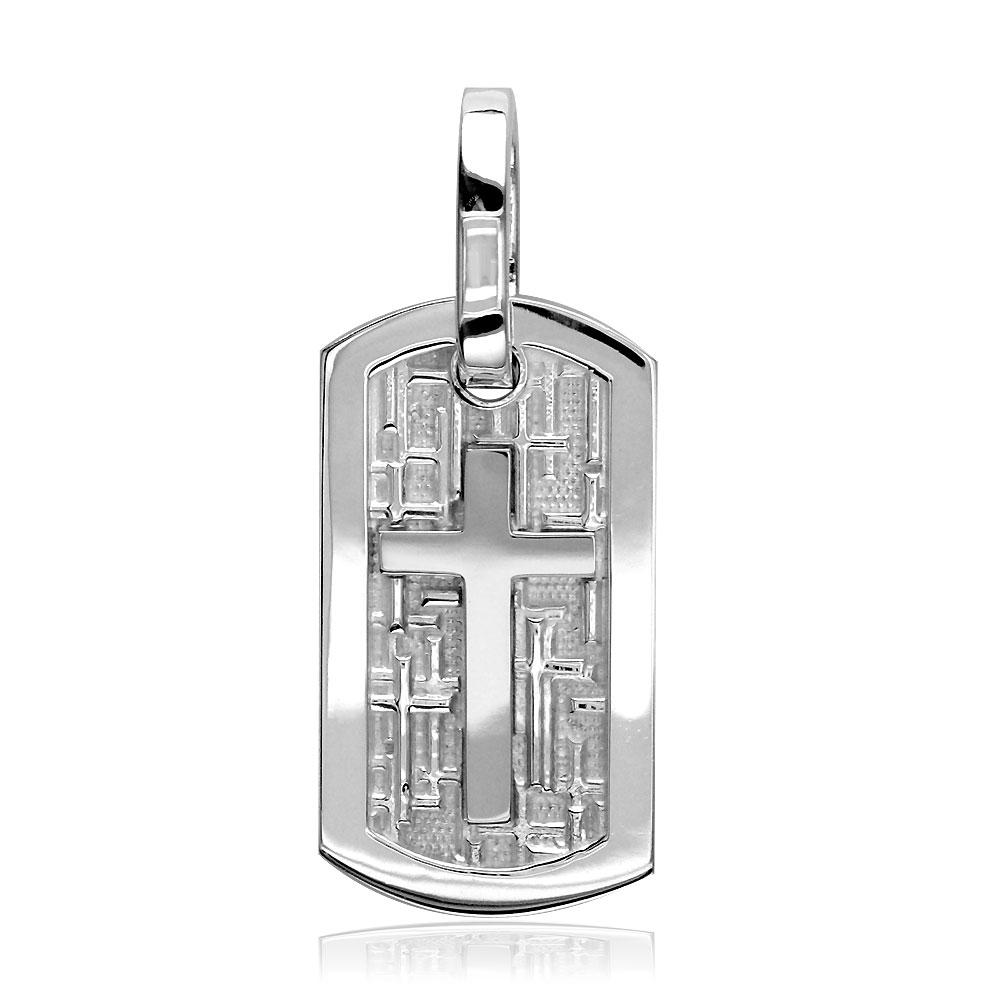 Smaller Size Cross Dog Tag Pendant with Crosses Background in 14K White Gold