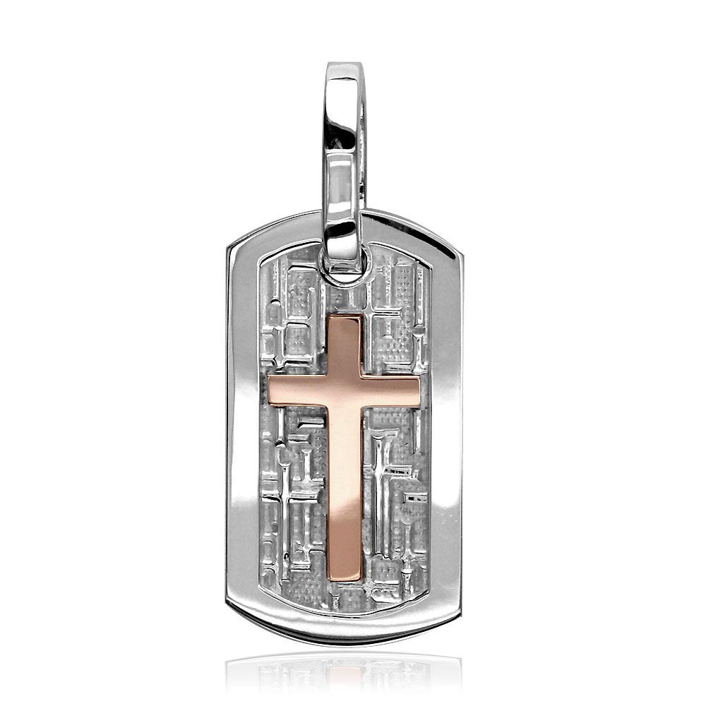 Smaller Size Cross Dog Tag Pendant with Crosses Background in 18k White and Pink, Rose Gold