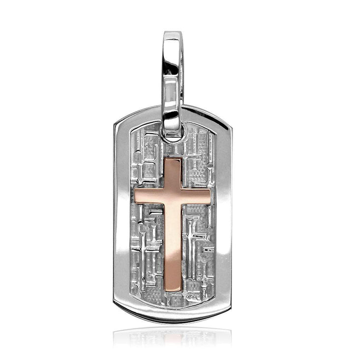 Smaller Size Cross Dog Tag Pendant with Crosses Background in 18k White and Pink, Rose Gold