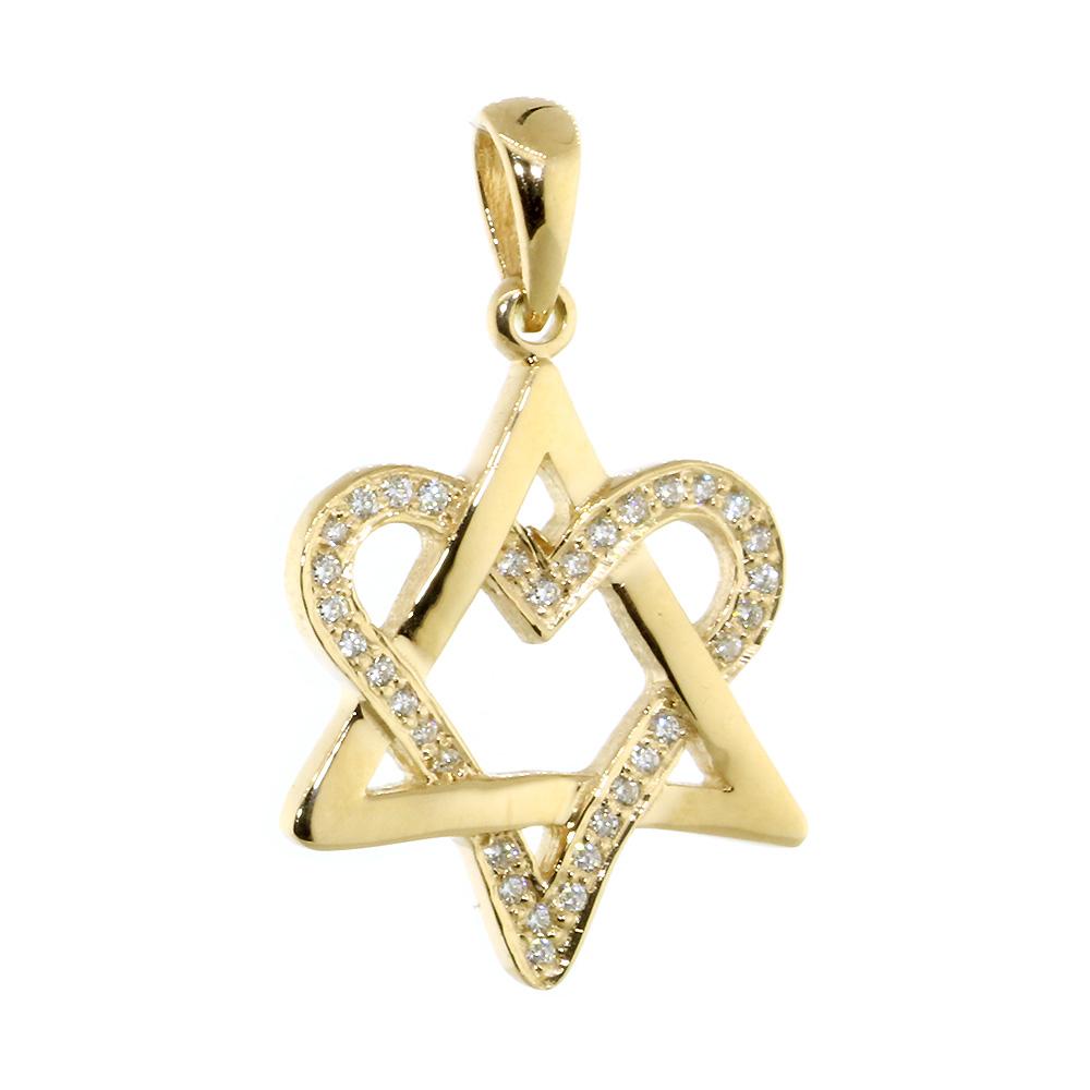 Small Open Diamond Heart Star of David, Jewish Star Pendant, 0.20CT in 14K Yellow Gold
