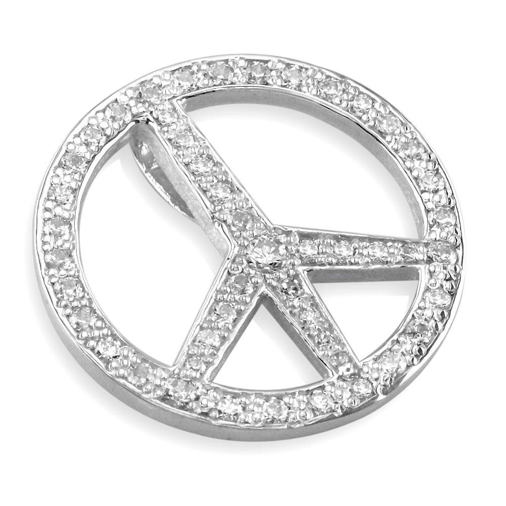 Large Peace Sign Charm, 1 1/8 Inch with Cubic Zirconias in Sterling Silver