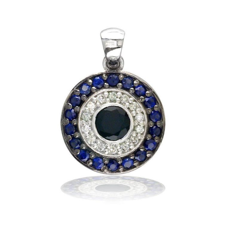 Diamond, Sapphire, and Onyx Evil Eye Charm, 15mm Wide, in 14K White Gold