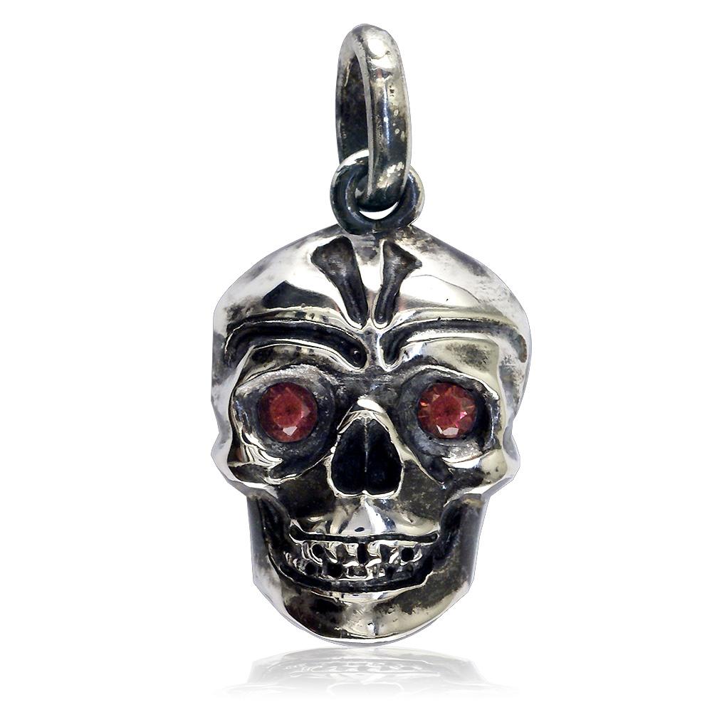 Large Skull Pendant with Black Detail and Red Orange Mozambique Garnets in Sterling Silver