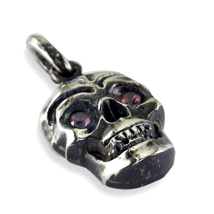 Large Skull Pendant with Black Detail and Red Orange Mozambique Garnets in Sterling Silver