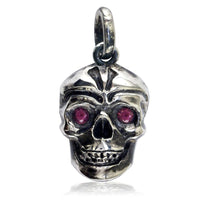 Large Blackened Sterling Silver Skull Pendant with Garnet Eyes