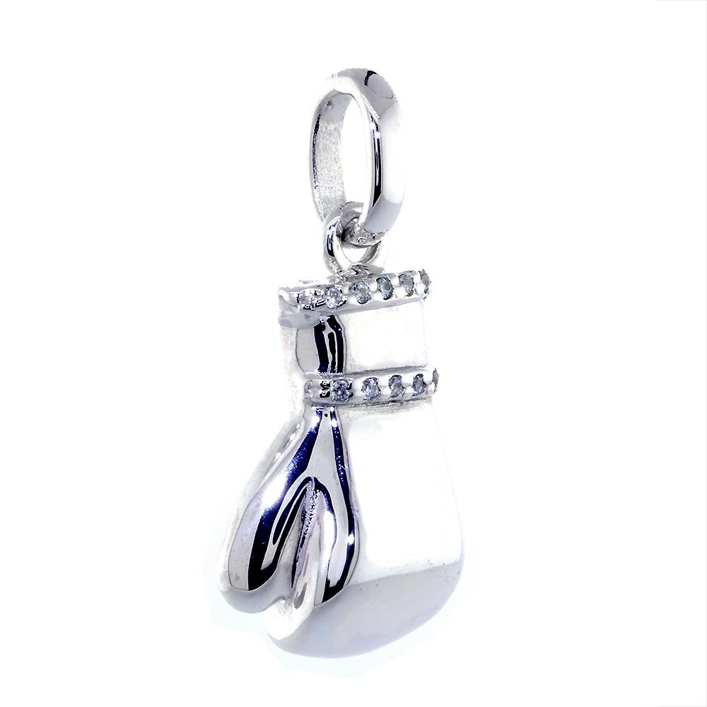 Left Handed Boxing Glove Pendant with Cubic Zirconias, 1 Inch in Sterling Silver