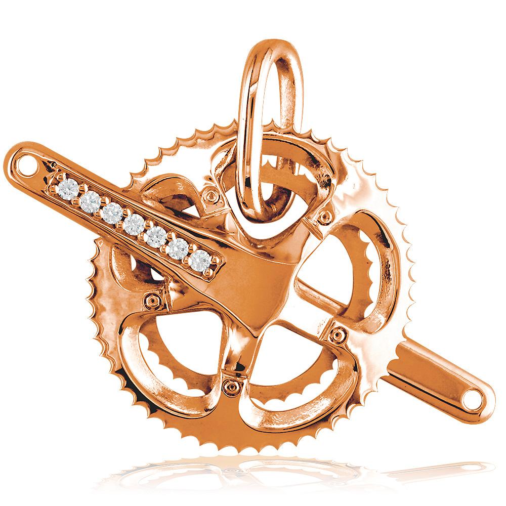 Extra Large Bicycle Crank Pendant with Cubic Zirconias, Bike Sprocket Wheel in 14K Pink, Rose Gold
