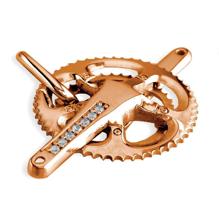 Extra Large Bicycle Crank Pendant with Cubic Zirconias, Bike Sprocket Wheel in 14K Pink, Rose Gold