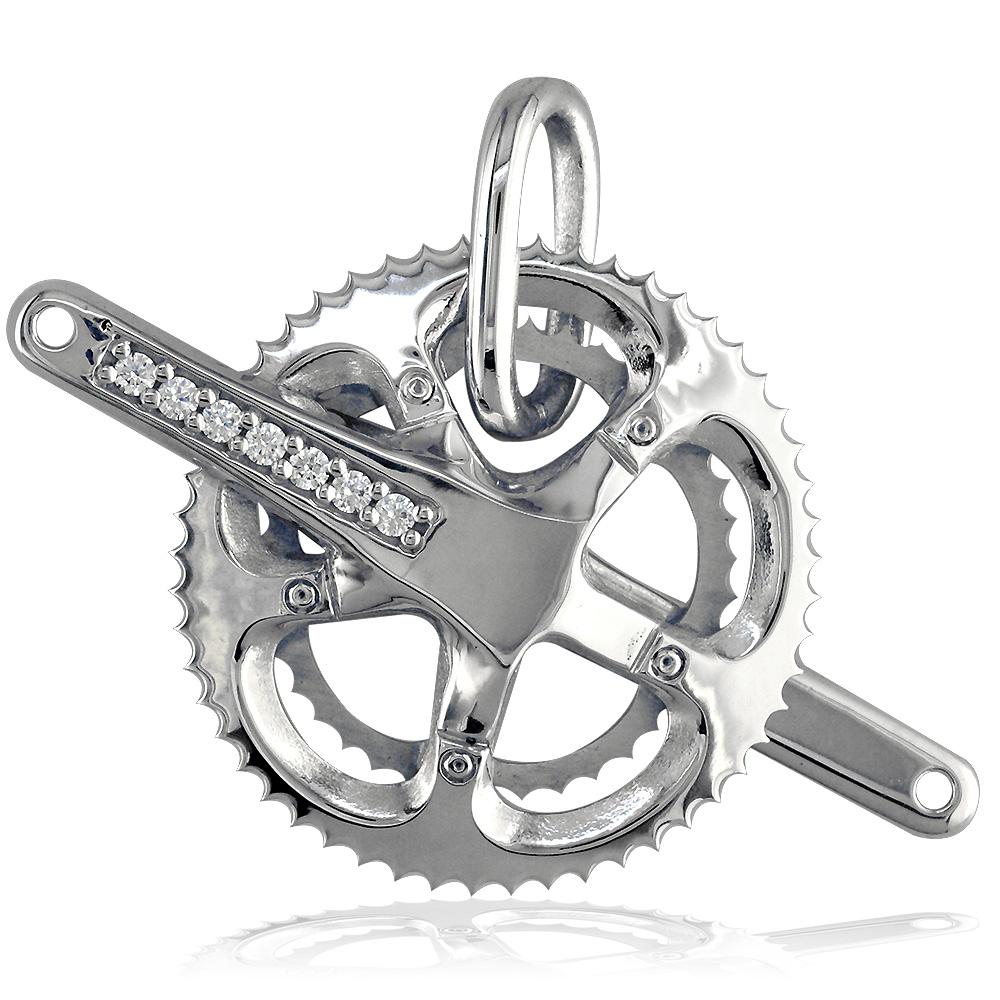 Extra Large Bicycle Crank Pendant with Cubic Zirconias, Bike Sprocket Wheel in 18k White Gold