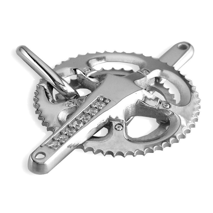 Extra Large Bicycle Crank Pendant with Cubic Zirconias, Bike Sprocket Wheel in 14K White Gold