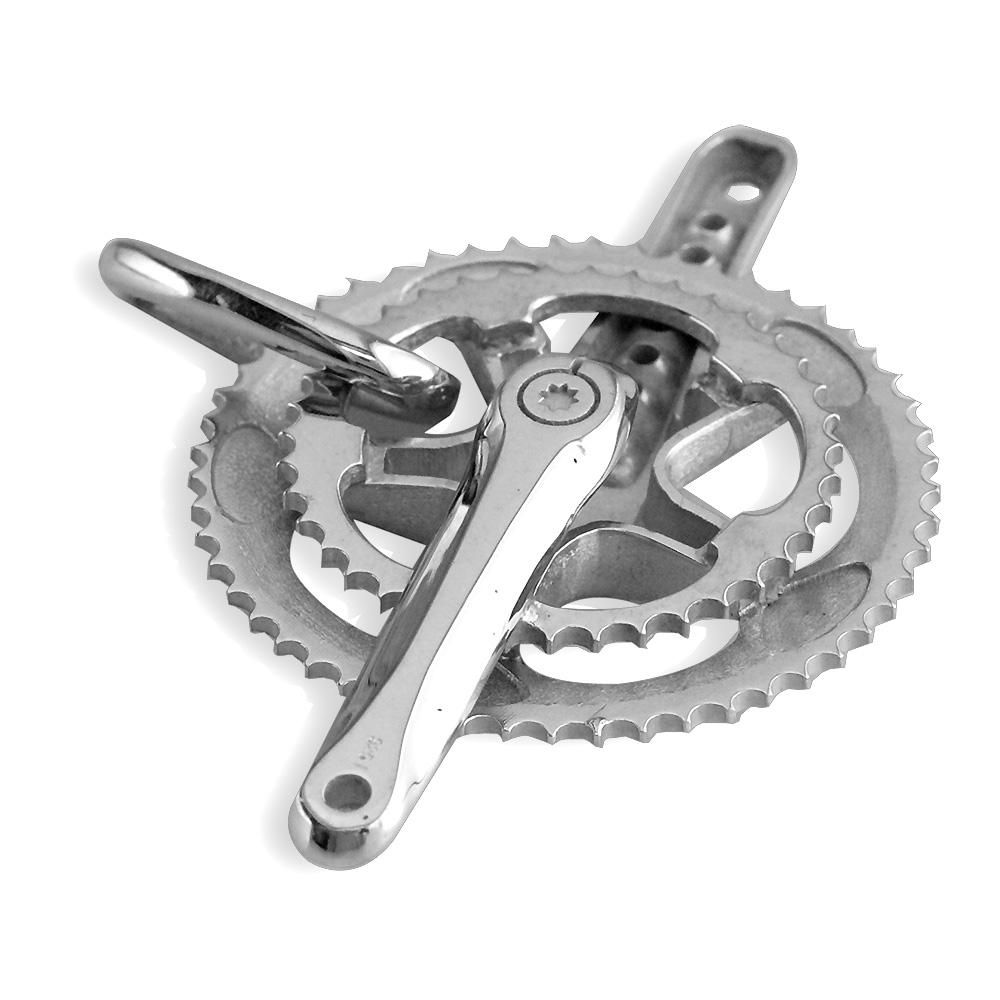 Extra Large Bicycle Crank Pendant with Cubic Zirconias, Bike Sprocket Wheel in 14K White Gold