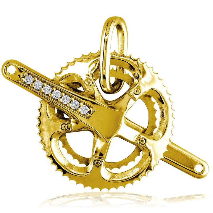 Extra Large Bicycle Crank Pendant with Cubic Zirconias, Bike Sprocket Wheel in 14K Yellow Gold