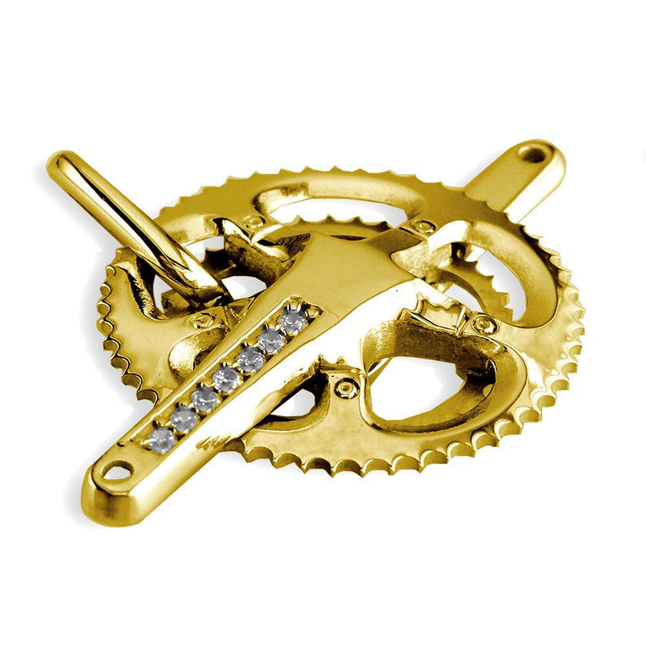Extra Large Bicycle Crank Pendant with Cubic Zirconias, Bike Sprocket Wheel in 14K Yellow Gold