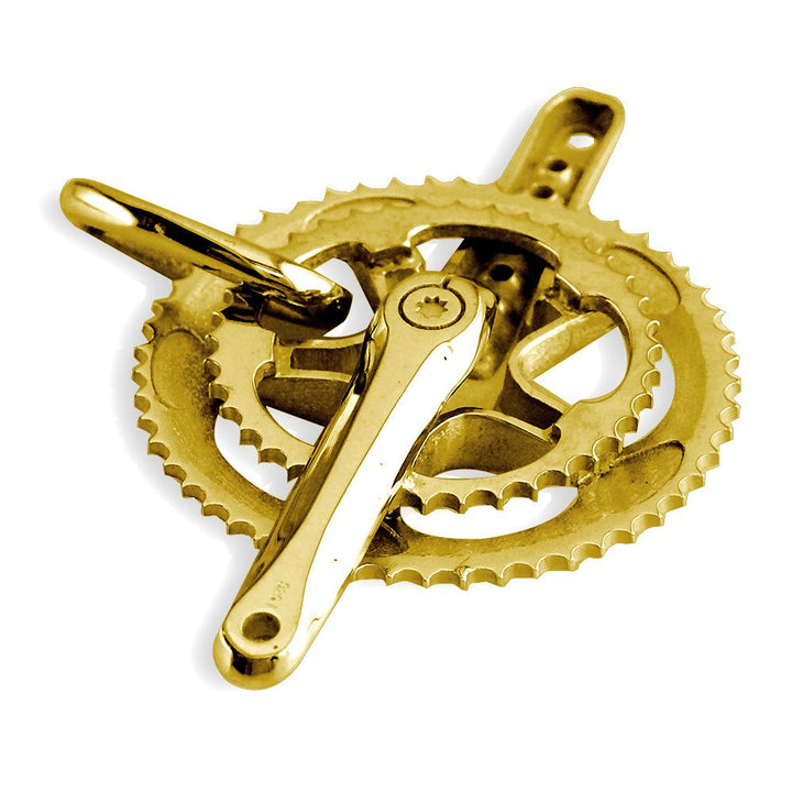 Extra Large Bicycle Crank Pendant with Cubic Zirconias, Bike Sprocket Wheel in 14K Yellow Gold