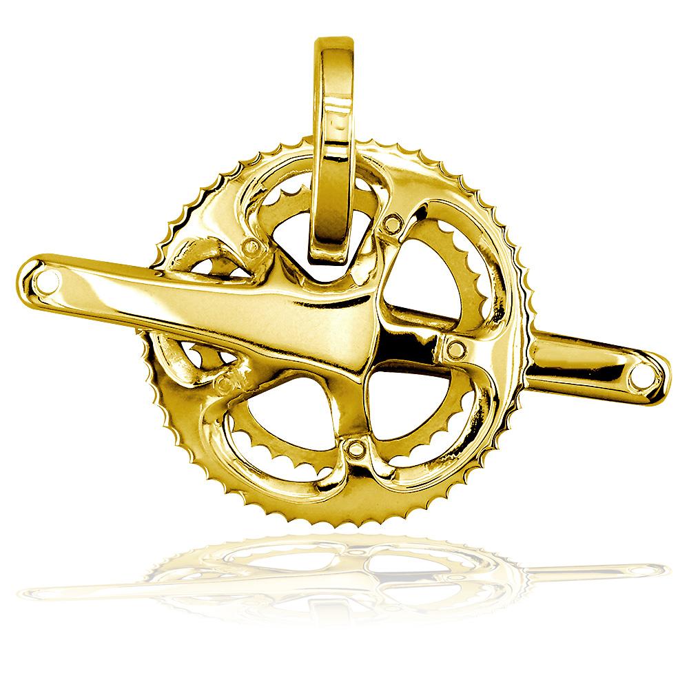 Extra Large Bicycle Crank Pendant, Bike Sprocket Wheel in 14K Yellow Gold