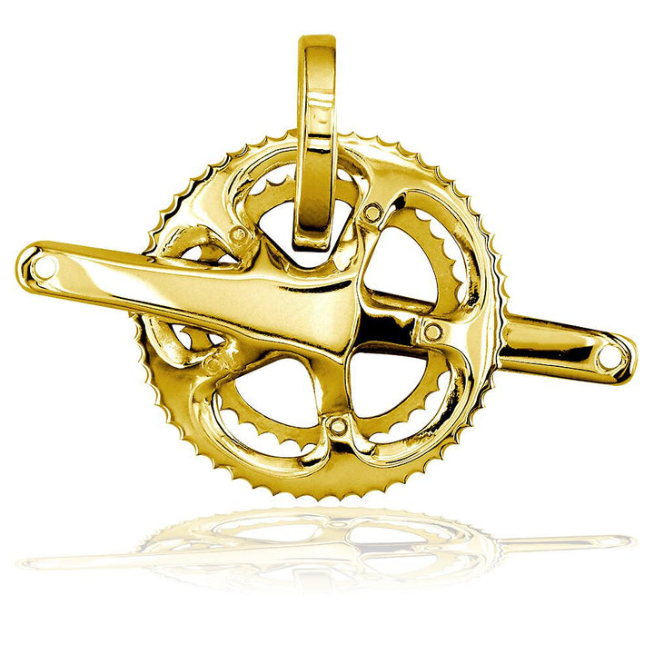 Extra Large Bicycle Crank Pendant, Bike Sprocket Wheel in 14K Yellow Gold