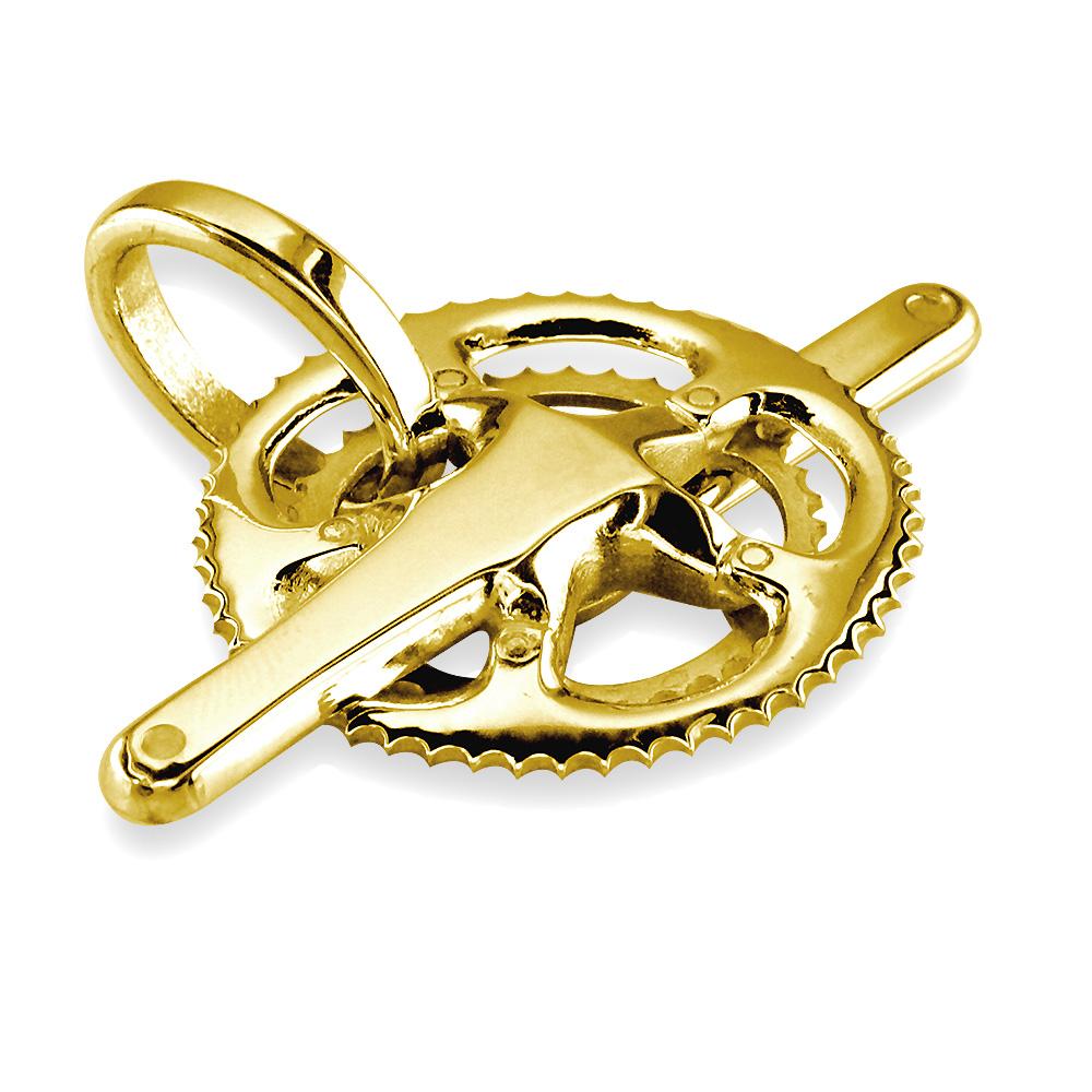 Extra Large Bicycle Crank Pendant, Bike Sprocket Wheel in 14K Yellow Gold
