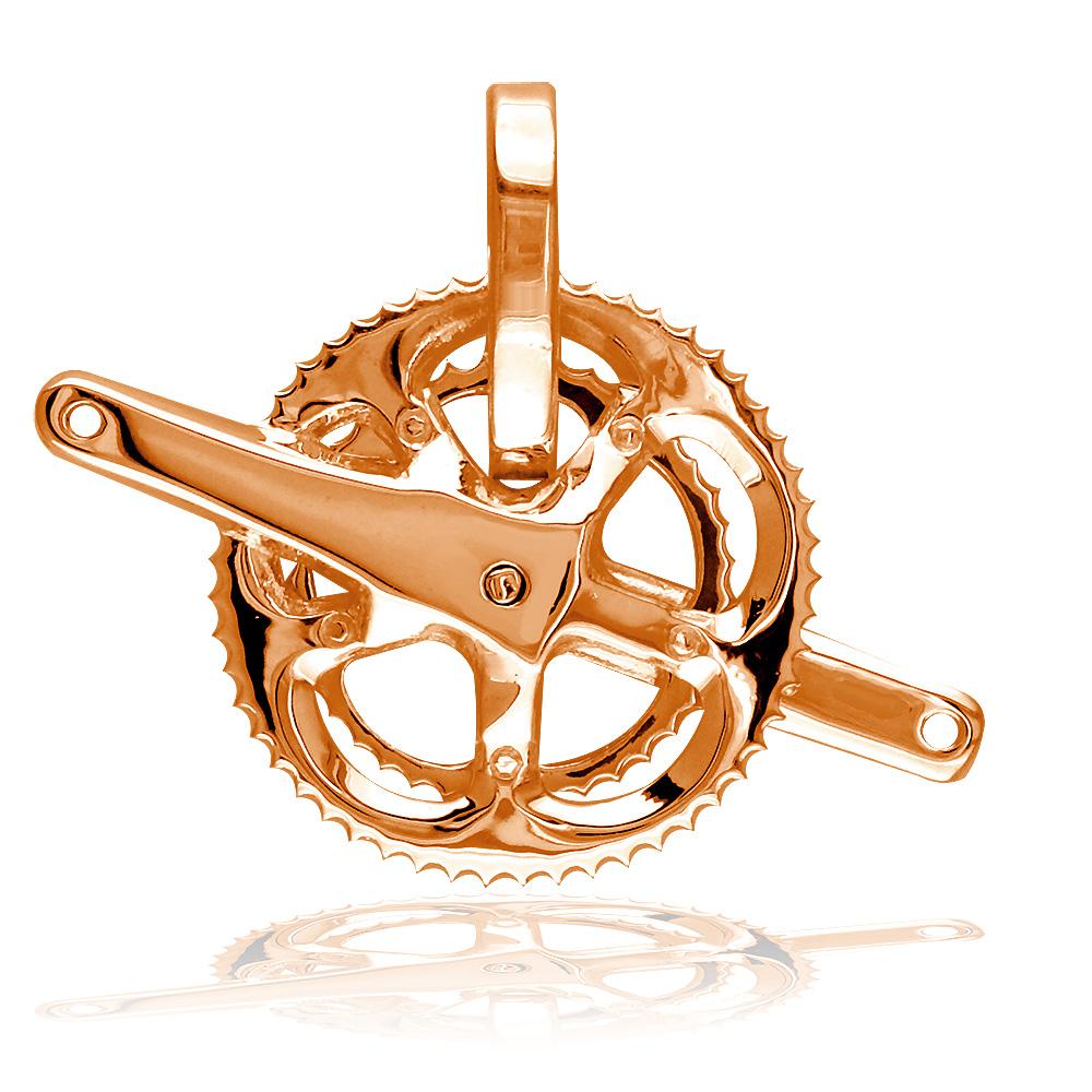 Large Bicycle Crank Pendant, Bike Sprocket Wheel in 14K Pink, Rose Gold