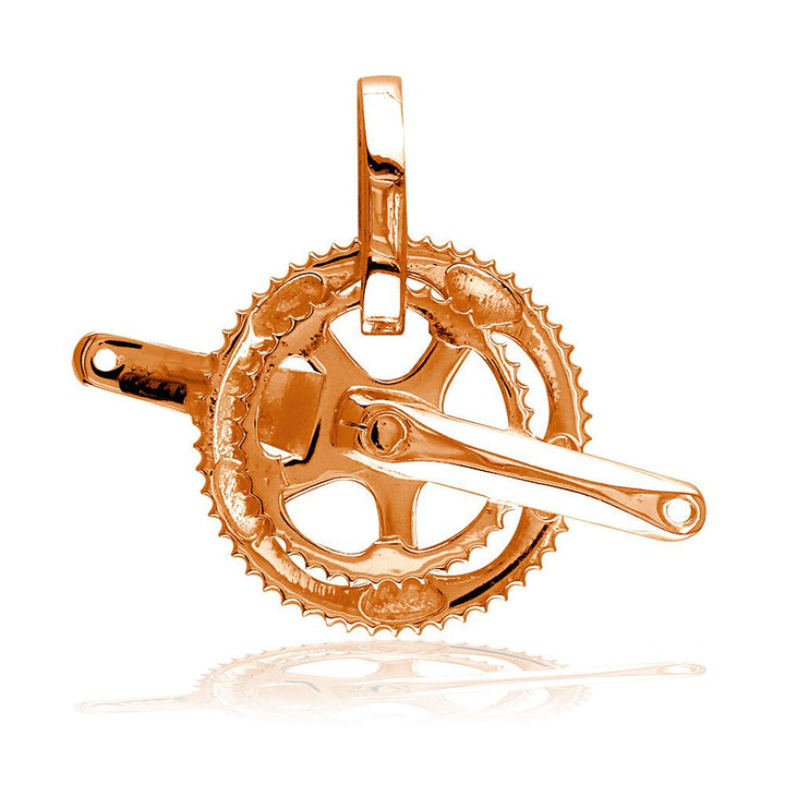 Large Bicycle Crank Pendant, Bike Sprocket Wheel in 14K Pink, Rose Gold