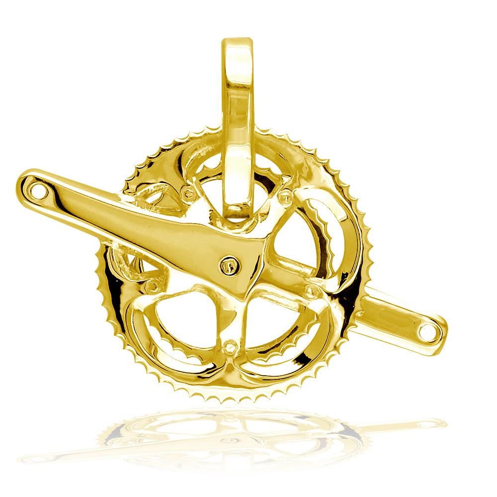 Large Bicycle Crank Pendant, Bike Sprocket Wheel in 14K Yellow Gold