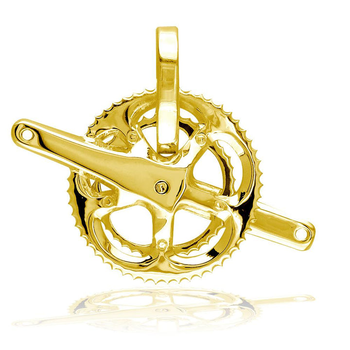 Large Bicycle Crank Pendant, Bike Sprocket Wheel in 14K Yellow Gold
