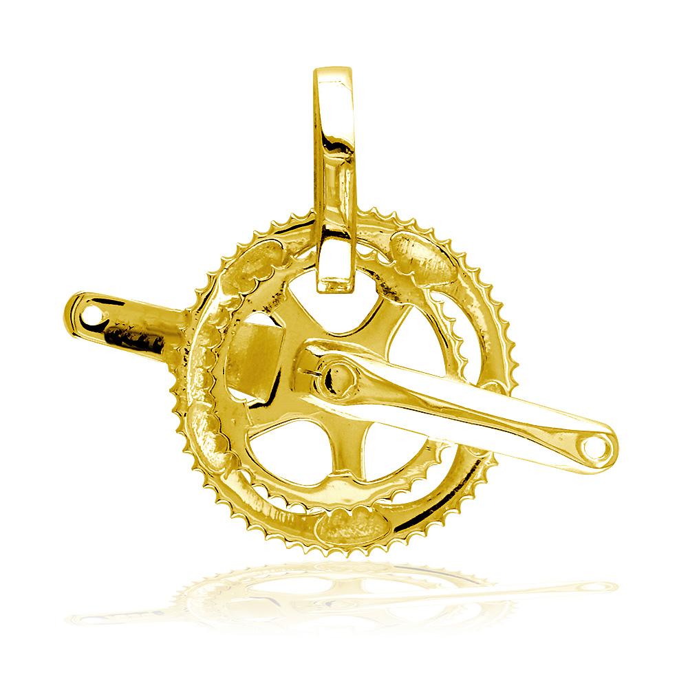 Large Bicycle Crank Pendant, Bike Sprocket Wheel in 14K Yellow Gold