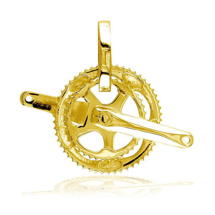 Large Bicycle Crank Pendant, Bike Sprocket Wheel in 14K Yellow Gold