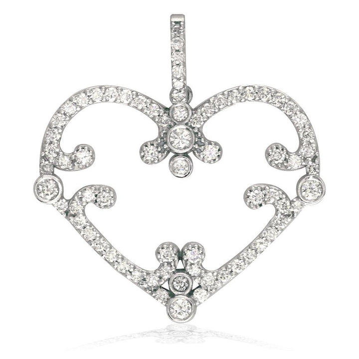 Vintage Style Open Diamond Heart Pendant, 1.08CT in 14K White Gold