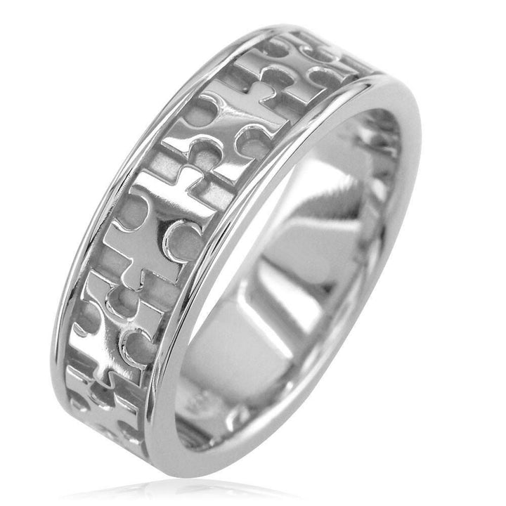 Autism Awareness Jigsaw Puzzle Piece Ring Band in 14k White Gold, Ring Sizes 9 to 13.5