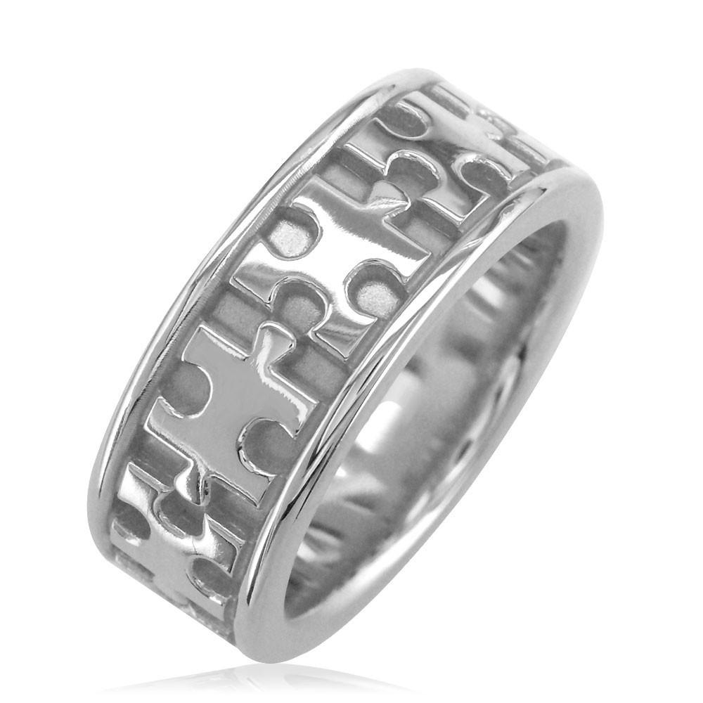 Autism Awareness Jigsaw Puzzle Piece Ring Band in 14k White Gold, Ring Sizes 3.5 to 8.5
