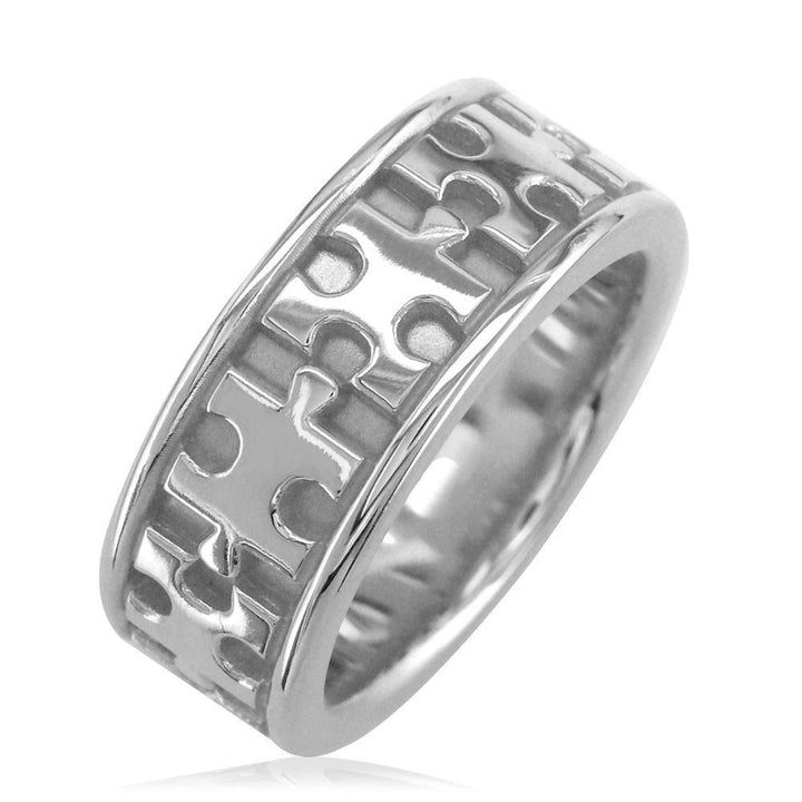 Autism Awareness Jigsaw Puzzle Piece Ring Band in Sterling Silver, Ring Sizes 3.5 to 8.5