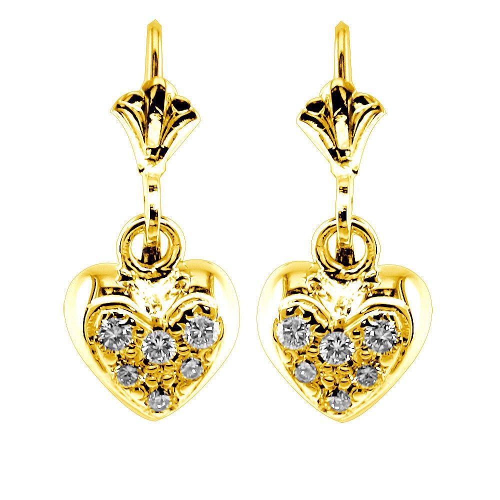 Dangling Mini Diamond Heart Earrings, 0.15CT in 18k Yellow Gold