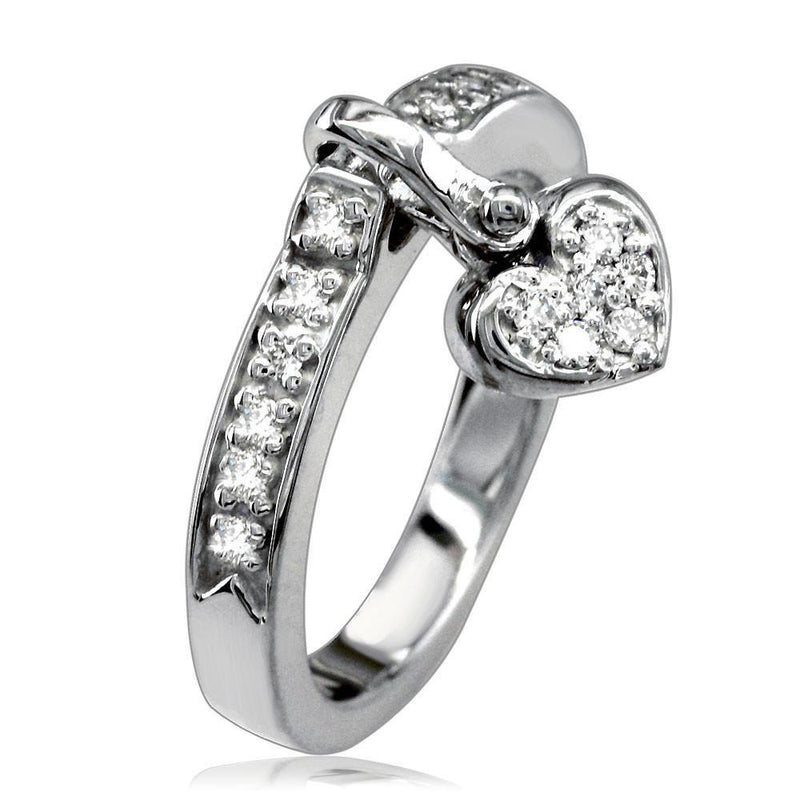Dangling Heart Charm Diamond Ring in 18K White Gold, 0.25CT