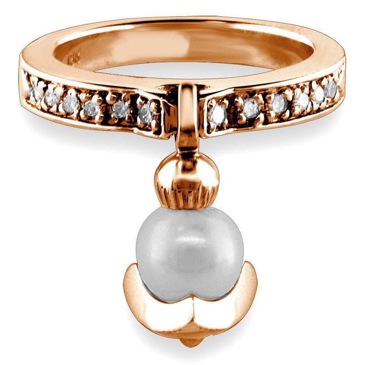 Dangling Pearl Charm Ring with Diamonds, 6.5mm Pearl, 0.15CT in 18K Pink Gold